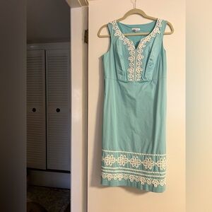 Turquoise Dress with White Lace Details